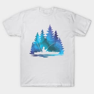 Kayak Fisherman with Blue Abstract Pattern T-Shirt